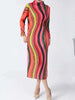 High Collar Long Sleeve Women Dresses Contrast Color Striped Pleated Slim Mid-Calf Elegant Clothing 2DC1022