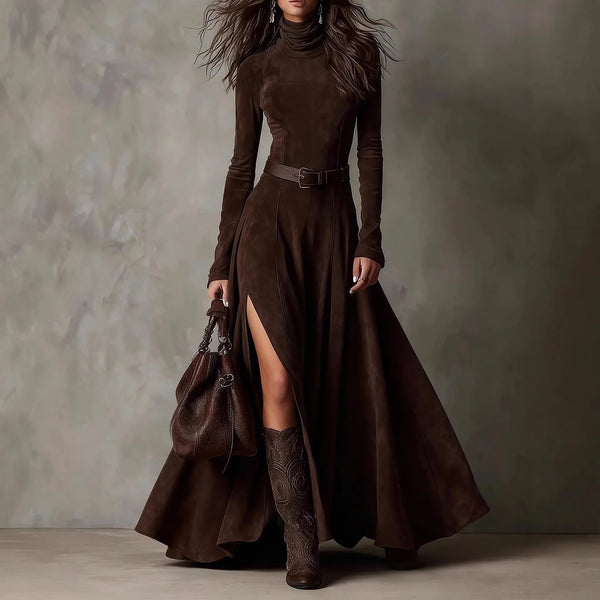American Retro Suede Leather Split Hem Dress for Women's Long Sleeve Turtleneck Solid Elegant Sexy Fit and Flare Long Dress