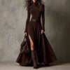 American Retro Suede Leather Split Hem Dress for Women's Long Sleeve Turtleneck Solid Elegant Sexy Fit and Flare Long Dress