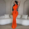 Women O-neck High Split Ruched Stacked Bodycon Midi Maxi Dress Evening Party Club Vestidos Sexy Chic Long Dresses