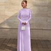 Elegant Pink Irregular Pleated Maxi Dress Women O-Neck Long Sleeve Ruched Slim Long Dress Wedding Guest Evening Party Robes