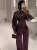 Women Coated Cinched-waist Leather Jacket Retro Casual Lapel Full Sleeve Zipper Fishbone Coats Lady Daily High Street Coat