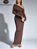 Women's Long Sleeve Asymmetric Neck Long Dress One Shoulder Ruched Bodycon Club Party Maxi Dresses Brown Autumn