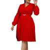 Elegant Dresses Woman V Neck Full Sleeve Pleated Mid Calf Belt Waisted African Female Birthday Party Dress