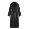 Elegant Faux Fur Wool Long Coat Women Solid Full Sleeve Lapel Patchwork Waist-closed Slim Coats Female Winter Outwear