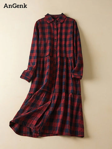 Spring Autumn Cotton Plaid Vintage Dresses For Women Casual Long Elegant Dress Korean Style Office Lady Work Clothing