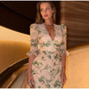 Elegant Ruffle Women's Long Dresses V Neck Half Sleeve Button Waist Cinching Pleated Dress Spring Lady Party Robes