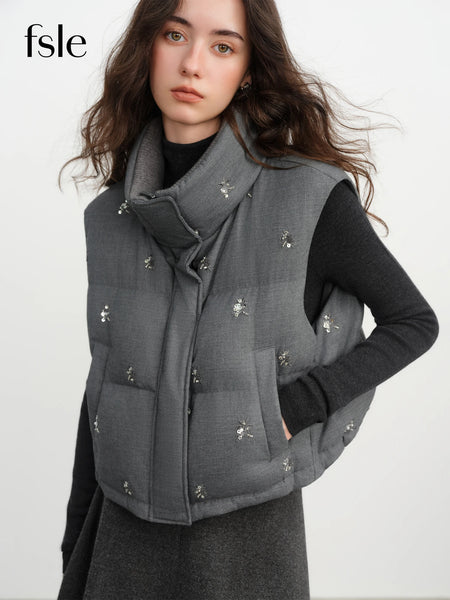 Series Beaded Short Puffer Down Vest Women Autumn Winter Quilted Down Jacket Down Gilet Coat Outdoor Streetwear
