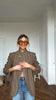 Women Khaki Striped Oversized Blazer Asymmetrical Button Closure Tailored Lapel Collar Structured Coat Minimalist Urban Outfits