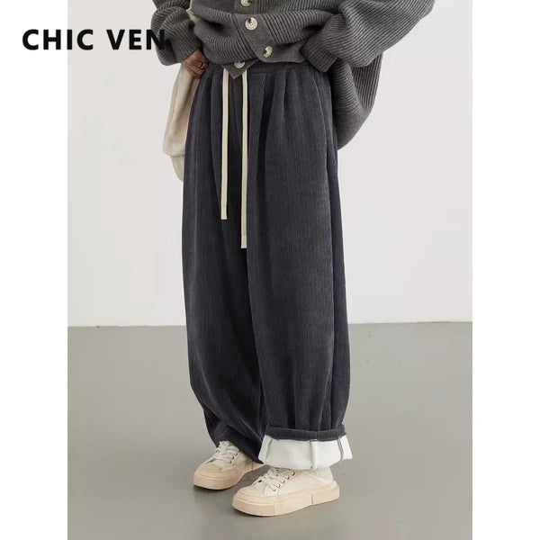 Women Pant Loose Retro High Waisted Casual Wide Leg Pants Solid Plush Thick Warm Female Trousers Spring Autumn