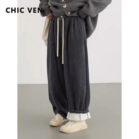 Women Pant Loose Retro High Waisted Casual Wide Leg Pants Solid Plush Thick Warm Female Trousers Spring Autumn