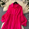 Spring Vintage Loose Dresses Women Lantern Sleeve Turn-down Collar Solid Single Breasted Casual Folds Long Dress