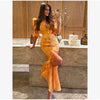 Women White Floral Print Maxi Dress V Neck Puff Sleeve Peplum Waist Fishtail Hem Chiffon Robe Elegant Party Wedding Guest Gown