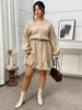 Plus Size Solid Buttons O-Neck Long Sleeve Shirt Dress Women Autumn Elastic Waist Casual Ruffle Hem Short Dresses