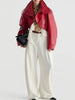 Edgy Faux Leather Cropped Jacket for Women Lapel Snap Button Irregular Pleated Ruffle Hem Long Sleeve Biker Coat