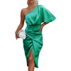Womens Satin One Shoulder Batwing Sleeve Ruched Bodycon Midi Long Dress Asymmetrical Wrap Front Cocktail Party Dresses