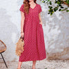 Plus size women's dress, Bohemian ethnic style printed V-neck batball sleeve dress, elastic waist, with pockets