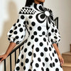 Black Polka Dot Flower Print Women Midi Dress High Neck Puff Sleeve Waist A-Line Casual Daily Party Dress