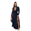 Plus Size Women Full Sleeve Evening Dresses Classic V-neck Maxi Vestidos Night Club Split Party Long Dress