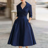 Autumn Long Sleeve Lapel Draped Slim Women Dress Ladies Clothes Solid High Waist Pocket A-Line Prom Dresses Vestido