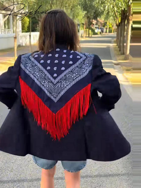 Women Chic Blazer Coat With Spliced Paisley Tassel Shawl Shoulder Pad Lapel Jacket Vintage Casual Autumn Lady Outfits