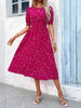 Women's Floral Print Puff Sleeve Dress, Round Neck Waist Tie Design, Boho Style Woven Fabric, All Season Wearable