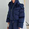 Solid Hooded Cropped Puffer Jacket Women Stand Collar Snap Button Loose Long Sleeve Jackets Winter Casual Warm Padded Coat