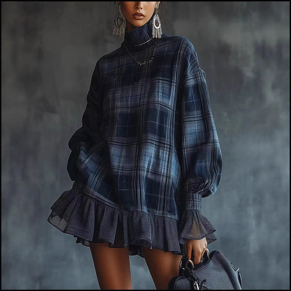 Retro Plaid Printed Ruffle Hem Dress for Women's Turtleneck Lantern Sleeve Elegant Flare Sleeve Casual Long Sleeve Mini Dress