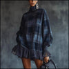 Retro Plaid Printed Ruffle Hem Dress for Women's Turtleneck Lantern Sleeve Elegant Flare Sleeve Casual Long Sleeve Mini Dress