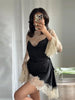 Elegant Satin Floral Lace Patchwork Mini Dress For Women Irregular Hem Long Sleeve Dresses Lady Chic Evening Party Vestidos