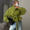 Chic Green Suede Lace Up Jackets Women Loose Stand Collar Belt Long Sleeve Buttons Coats Autumn Winter Lady Outwear
