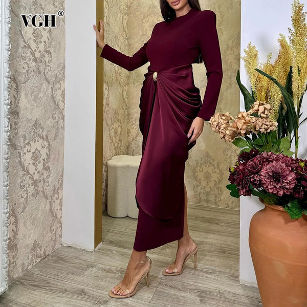 Sexy Evening Party Black Color Midi Dress for Women O Neck Long Sleeve Pachwork Metal Buckle Folds Bodycon Dresses Female