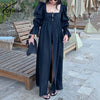 Black Lace-Up Dresses Woman Elegant Square Neck Long Sleeve Dresses Casual High Waisted Ankle-Length Dress