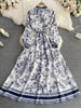 Spring Auutmn Elegant Long Dress Women Turn Down Collar Print A-line Party Dresses Vintage Long Sleeve Floral Long Robe Vestidos