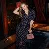 Sexy Print Women Long Dress Urban V-neck Single Breasted Ruffles Half Sleeve Female Dresses Spring Autumn Lady Robe