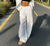 Casual Oversized White Solid Wide Leg Pants Women Elastic High Waist Pocket Baggy Sweatpant Office Lady Commute Trousers