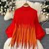 Tassel Patchwok Color Block Dress for Women Pleated Puff Sleeve Mid-calf Dresses Female Autumn