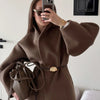 Chic Women's Solid Woolen Coat Elegant Full Sleeves Waist Tie Loose Outfit Autumn Commuting Daily Lady Street Jacket