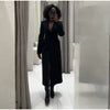 V-Neck Longline Tailored Double-Breasted Blazer Coat Black Peak Lapel Welt Pockets Autumn Elegant Office Women Outerwear