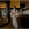 Retro Elegant Satin Polka Dots V Neck Maxi Dress Suit Women Ribbon Lace Full Sleeve Puff Sleeve Waist Cinched Long Dresses