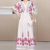 Women Bohemian Ethnic Printed Holiday Dress V-Neck Elastic Waist Casual Batswing Sleeve Mid Dress Elegant Vintage Retro Dress