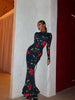 Flower Prints O Neck Women Dresses Sheath Elegant Evening Party Outfits Female Bodycon Long Sleeve Robes
