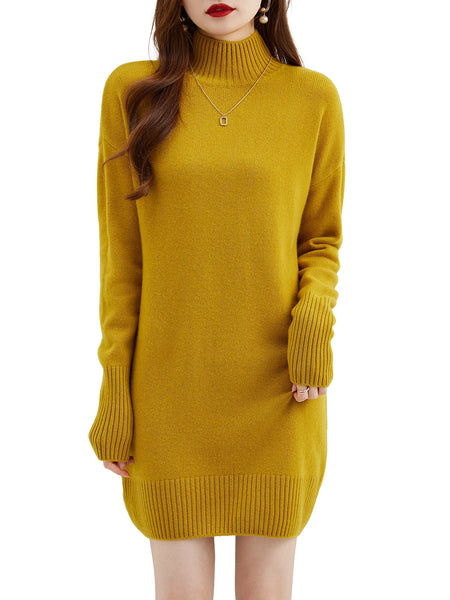 Turtleneck Sweater Women's Pullovers 100% Merino Wool Long Sweater Dress Fall Winter Warm Long Sleeve Knit Jumper Female Dresses