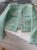 Elegant Green Plaid Tweed Jacket Women French Vintage Spring Autumn Casual Blazers High Street Short Suit Coat