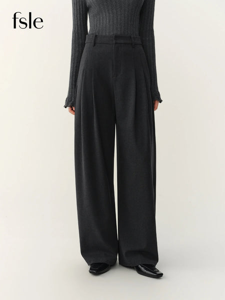 Fall Winter Women's Chic Versatile Gray Pleated Barrel Leg Dress Pants with Flowy Fit - Flattering for Daily Wear