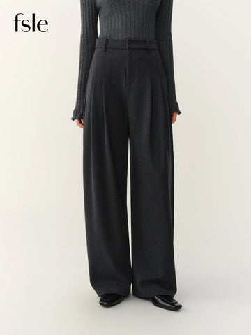 Fall Winter Women's Chic Versatile Gray Pleated Barrel Leg Dress Pants with Flowy Fit - Flattering for Daily Wear