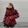 Shiny Belted Waist Jacket For Women Casual Detachable Hood Zipper Pockets Coat Lady Winter Chic Street Outerwear