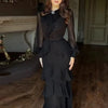 Woman Sexy O Neck Layered Ruffles Long Dresses Elegant Solid High Waist Chiffon Party Dresses Autumn Long Sleeve Slim Boho Dress