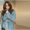 Women's Denim Lace Up Jacket Lapel Neck Waist Cinching Button Front Long Sleeve Coat Spring Femlae Casual Daily Outerwear