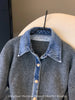High-Quality Korean Denim Shirt Collar Stitching Fake Two-piece Sweater Women Cardigan Chic Knitted Coat Female Tops